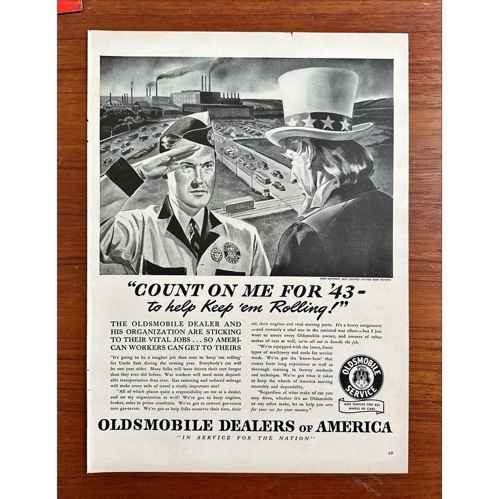 1943 Vintage Print Ad Oldsmobile Dealers Uncle Sam WW2
